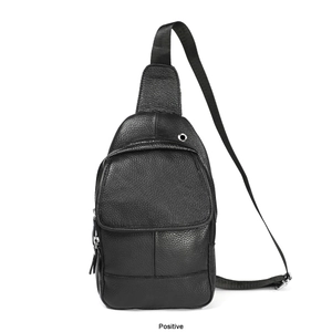 Front view of black pebble grain leather crossbody bag with adjustable nylon strap
