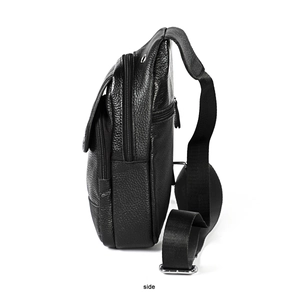 Side view of men's leather chest bag featuring multi-layer zippers and lychee texture