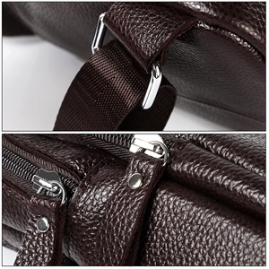 Macro shot of dark brown litchi grain leather bag with reinforced metal buckle and zipper