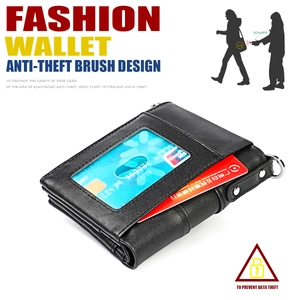 Detail of oil wax leather wallet featuring RFID blocking slots and card holder compartments