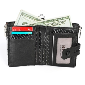 Detail view of leather wallet with multiple card slots and RFID protection technology