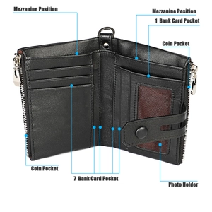 Detail of RFID leather wallet showing 7 card slots, photo ID window and dual zipper pockets