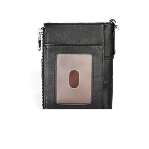 Detail of black oil wax leather wallet featuring a zipper coin pocket and clear ID window
