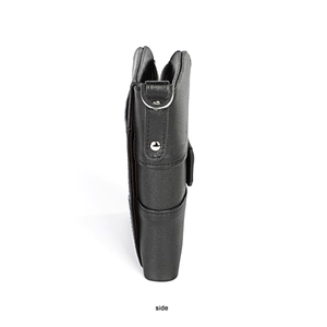 Detail view of the side profile on a black oil wax leather RFID wallet with metal D-ring