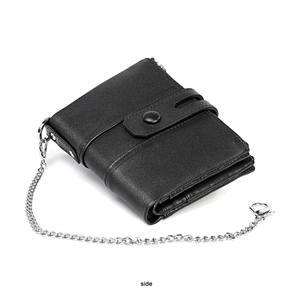 Side view of retro black leather wallet featuring double zippers and anti-theft metal chain