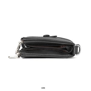 Side view showing layered storage of a black litchi pattern leather wallet with silver hardware