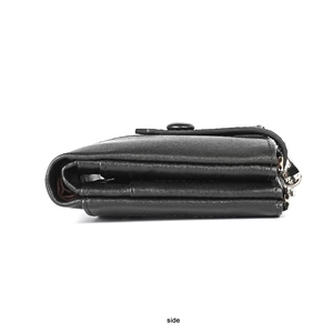 Side view of black genuine leather wallet showing triple-fold design and metal zipper
