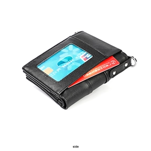 Detail view of RFID black leather wallet featuring multiple card slots and side profile