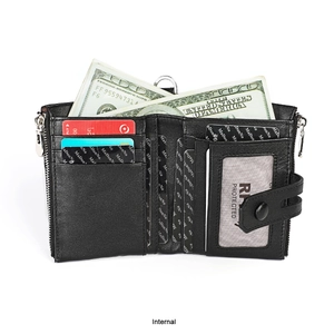 Internal detail of men's leather wallet featuring RFID slots and zipper pocket