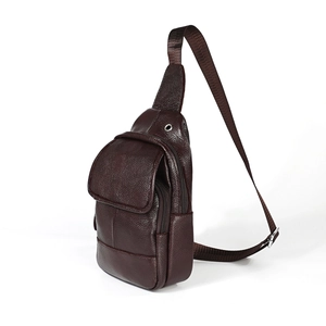 Men's dark brown genuine leather chest bag with zipper pockets and earphone port