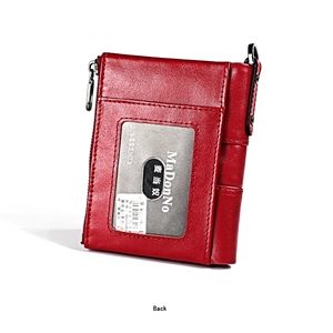 Detailed back view of vintage red leather wallet with zipper pocket and clear ID window