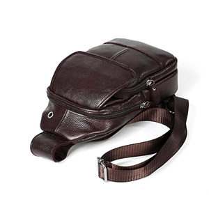 Men's dark brown genuine leather chest bag with lychee texture and headphone port