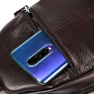 Men's genuine leather chest bag in dark brown litchi grain with functional zipper pocket