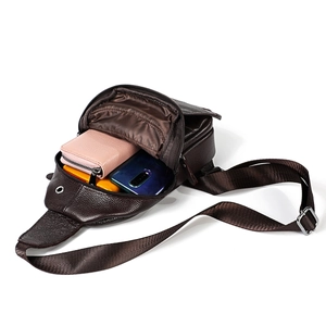 Deep brown genuine leather chest bag for men showing spacious interior storage