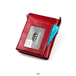 Detail of dark red oil wax leather RFID wallet with side zipper and card slots