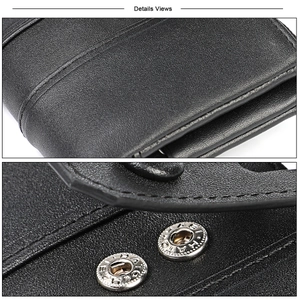 Close-up of black litchi grain leather texture and silver snap button with HATO logo