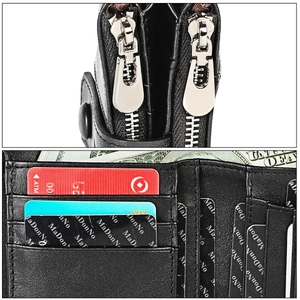 Detail view showing double zipper closure and multiple card slots in genuine leather wallet