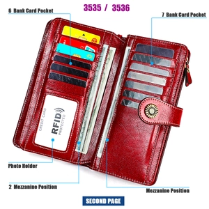 Vue détaillée du portefeuille en cuir ciré rouge avec 13 fentes et protection RFID
