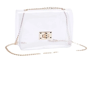 Detail of transparent PVC crossbody bag with gold rivet lock and metallic chain strap
