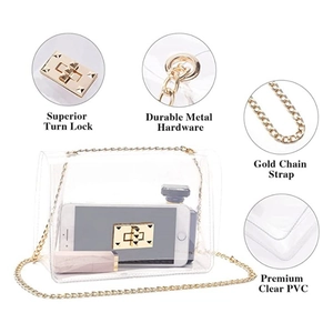Detail of clear PVC crossbody bag showing gold turn lock and durable metal chain strap