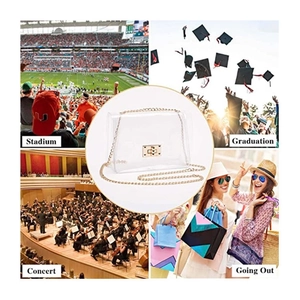 Detail of transparent PVC crossbody bag with gold chain strap for stadium and events
