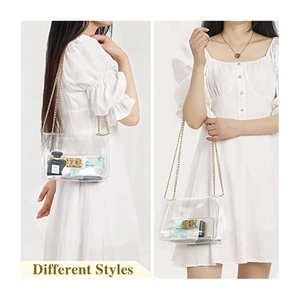 Detailed views of a clear PVC crossbody bag with a gold chain strap and turn-lock closure