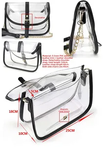 Detail of transparent 0.5mm PVC saddle bag with black trim and golden chain strap