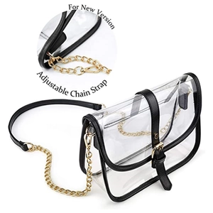 Transparent PVC saddle crossbody bag with black trim and adjustable golden chain strap