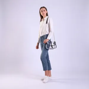 Minimalist transparent PVC saddle crossbody bag with black trim and gold chain strap