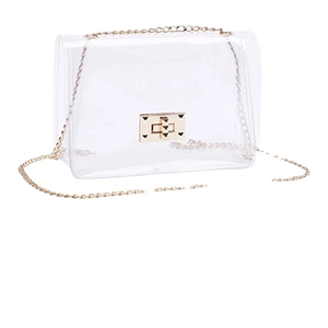 Women Clear PVC Crossbody Bag Stadium Approved Transparent Purse Gold Chain Strap Studded Turn Lock Small Square Bag