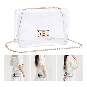 Transparent PVC crossbody bag with gold chain strap and studded metallic buckle lock