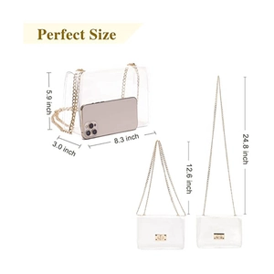 Clear PVC crossbody bag with gold chain strap and size dimensions on white background