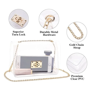 Clear PVC crossbody bag with gold chain strap and turn-lock showing interior storage