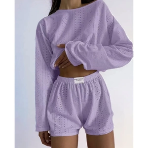 Women Loungewear Long Sleeve Top And Shorts Pointelle Knit Hollow Out Breathable Casual Sleepwear Home Wear Comfort