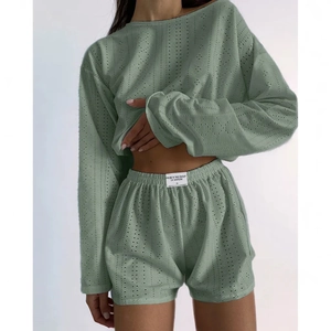 Women's bean green casual knit two-piece set featuring long sleeve top and shorts