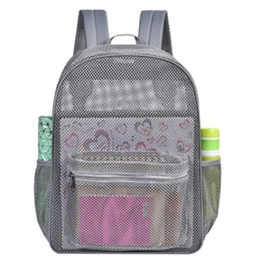 Grey heavy duty mesh backpack with padded straps and large front zipper pocket