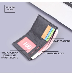 Detailed interior of men's vertical wallet showing card slots and transparent photo window