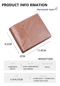 Detailed specs of light brown horizontal leather wallet with dimensions and interior structure