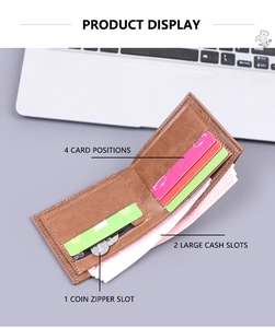 Detail of brown leather wallet showing 4 card slots, 2 bill layers, and 1 coin zipper pocket