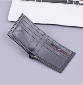 Interior layout of men's short wallet showing card slots and zippered coin pocket
