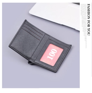 Internal view of black crosshatch leather wallet showing card slots and ID window