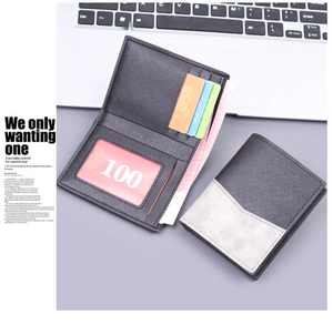 Detailed view of dark grey bi-fold wallet with multiple card slots and ID window