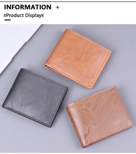 Detailed overhead view of short horizontal men's wallets in black, brown, and tan colors