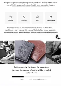 Détail macro du blason de lion embossé sur un portefeuille en cuir souple pour hommes