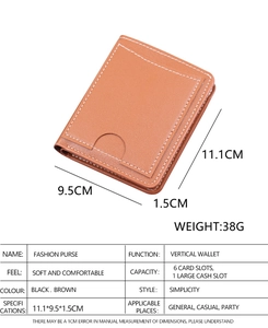 Brown vertical leather wallet with white stitching and detailed size measurements