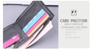 Detail view of men's horizontal short wallet with card slots and a zipper coin pocket