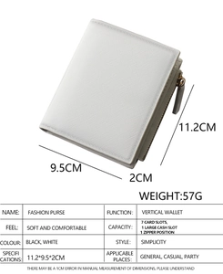 Detailed size chart and internal capacity specs for white cross-grain leather wallet