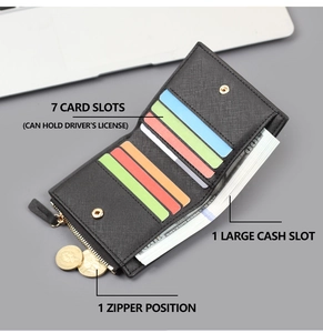 Detail of Saffiano leather wallet showing 7 card slots and a side zipper pocket