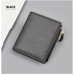 Detail of black Saffiano leather wallet with side gold zipper pocket and smooth metal teeth