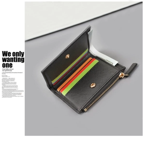 Detail of cross-grain leather men's wallet with colorful card slots and zipper pocket